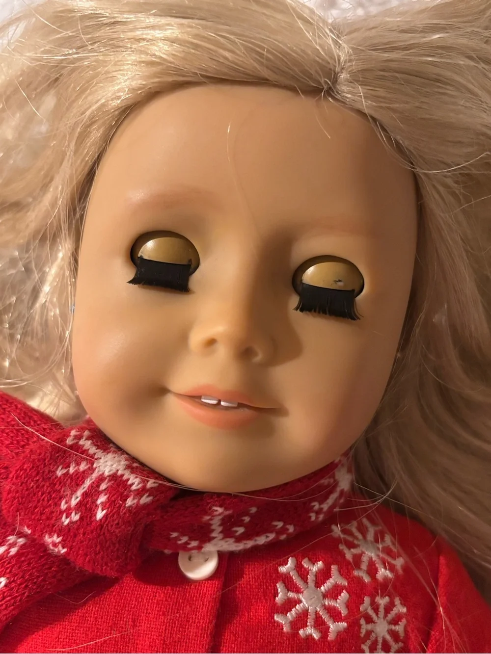 American Girl Red Holiday Dress with Blue Mittens and Skates